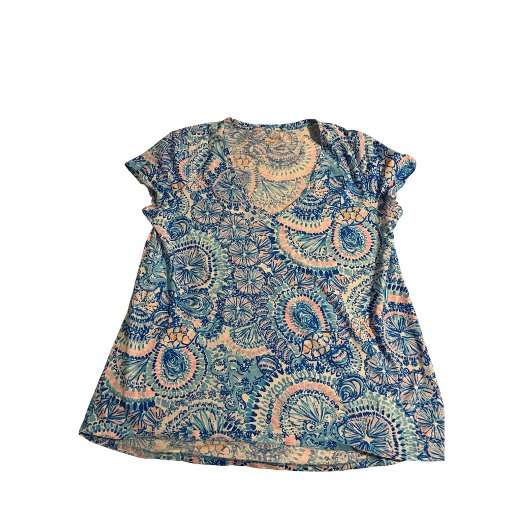 Lilly Pulitzer Etta V-Neck Tee Coastal Paisley Blue Pink Cotton Top XL